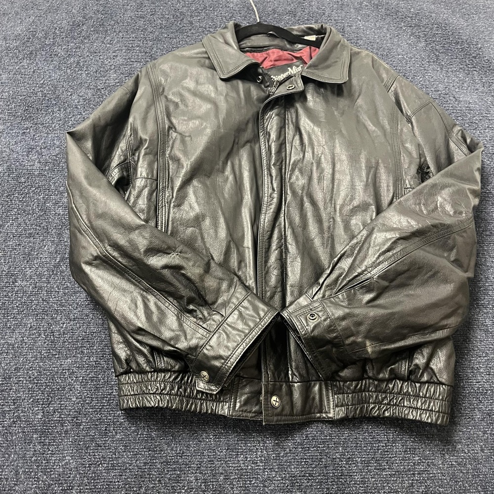 ClipperMist Leather Jacket Mens Large Black Bomber Zip Pockets Elastic Hem‎